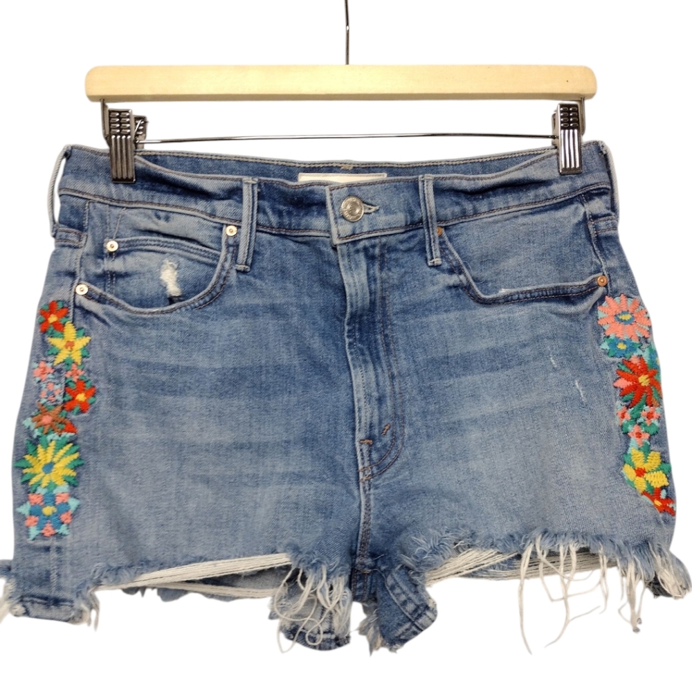MOTHER Blue Jean Shorts with Floral Embroidery